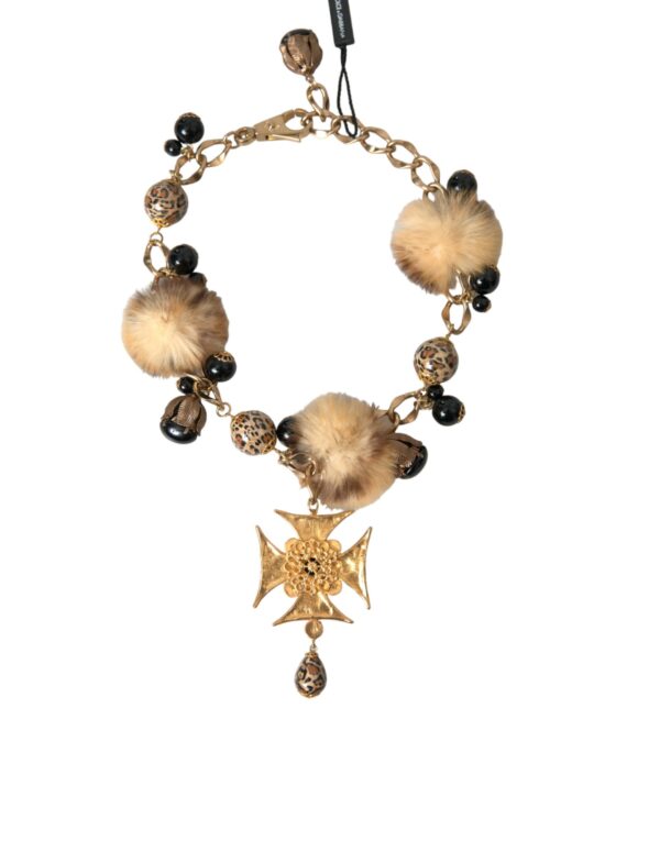 Dolce & Gabbana Gold Black Crystals Lapin Fur Filigree Chocker Necklace – Image 4