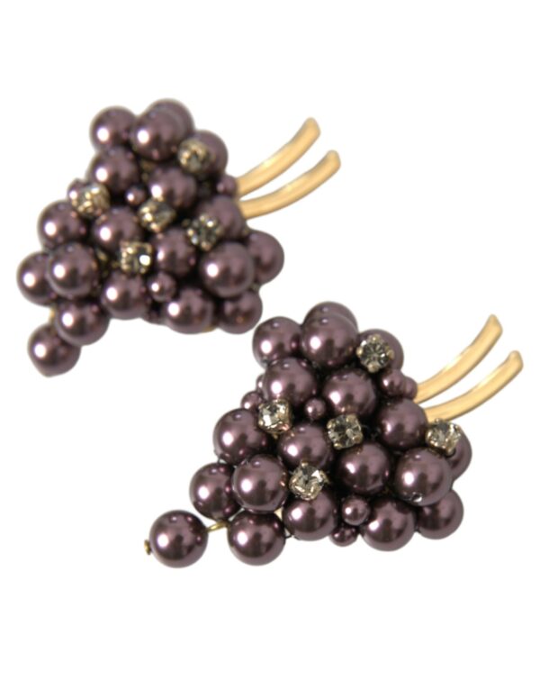 Dolce & Gabbana Purple Grape Pearl Sicily Gold Brass Floral Clip On Earrings – Image 2