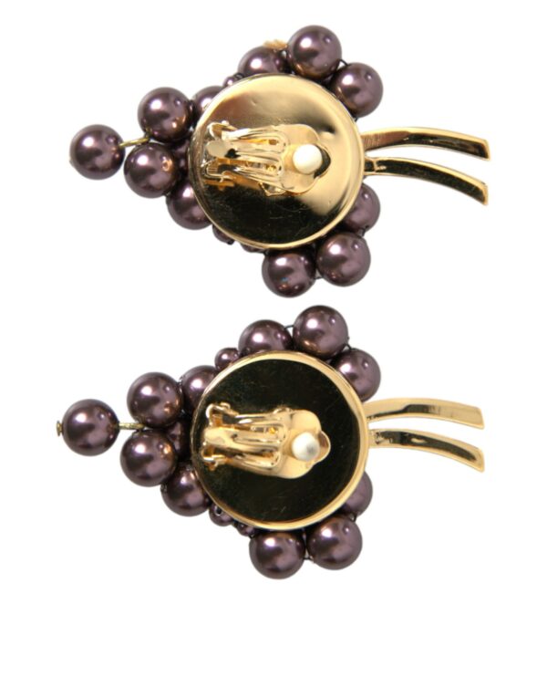 Dolce & Gabbana Purple Grape Pearl Sicily Gold Brass Floral Clip On Earrings – Image 3