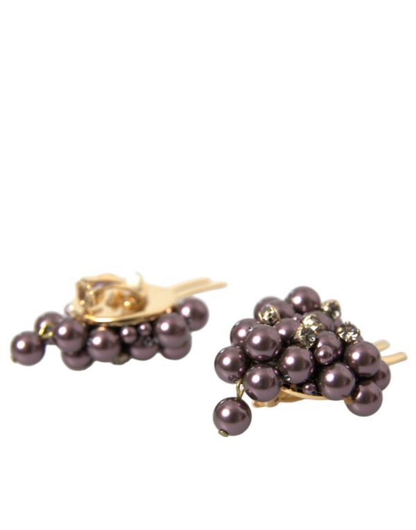 Dolce & Gabbana Purple Grape Pearl Sicily Gold Brass Floral Clip On Earrings – Image 4