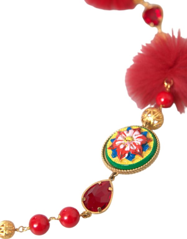 Dolce & Gabbana Gold Brass Red Fur Crystal Carretto Chain Necklace – Image 2