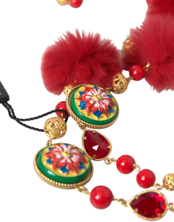 Dolce & Gabbana Gold Brass Red Fur Crystal Carretto Chain Necklace – Image 3