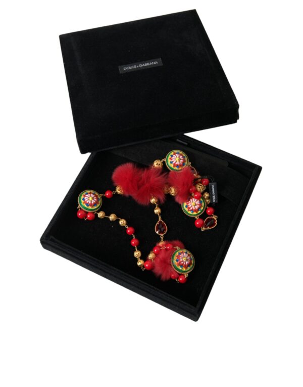 Dolce & Gabbana Gold Brass Red Fur Crystal Carretto Chain Necklace – Image 5