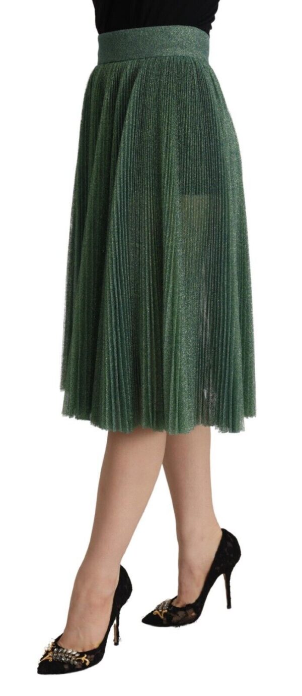 Dolce & Gabbana Metallic Green Pleated A-Line Midi Skirt – Image 2