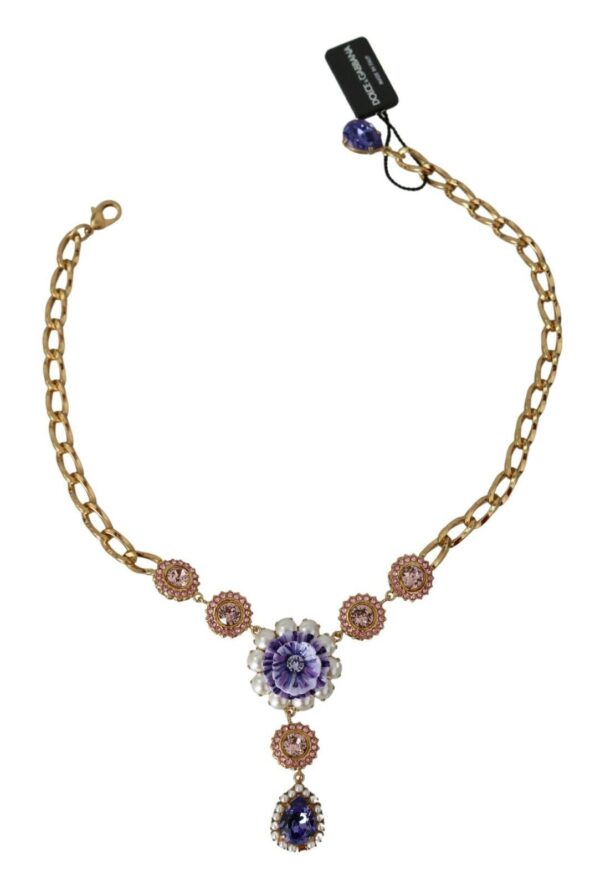 Dolce & Gabbana Elegant Gold Crystal Floral Charm Necklace – Image 2