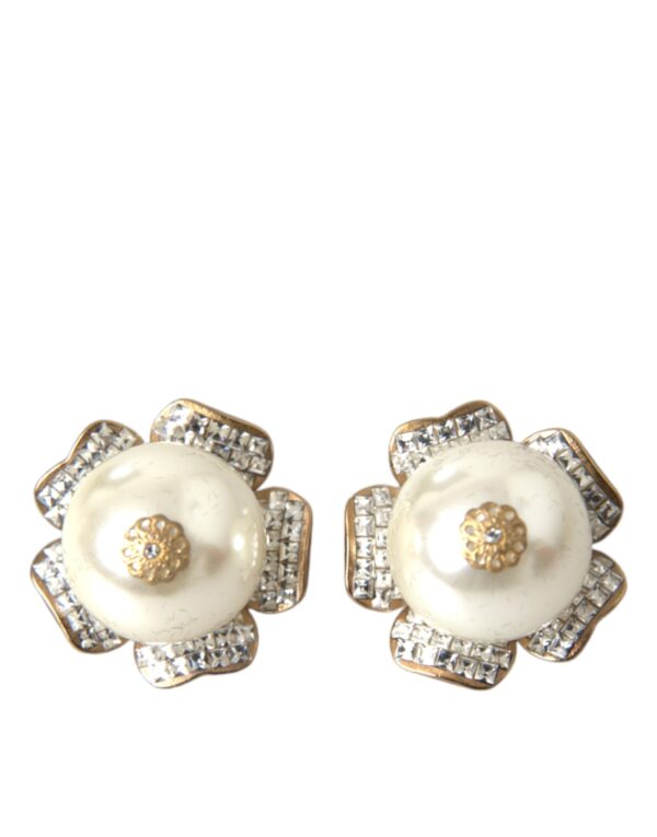 Dolce & Gabbana Gold Tone Maxi Faux Pearl Floral Clip-on Jewelry Earrings – Image 2