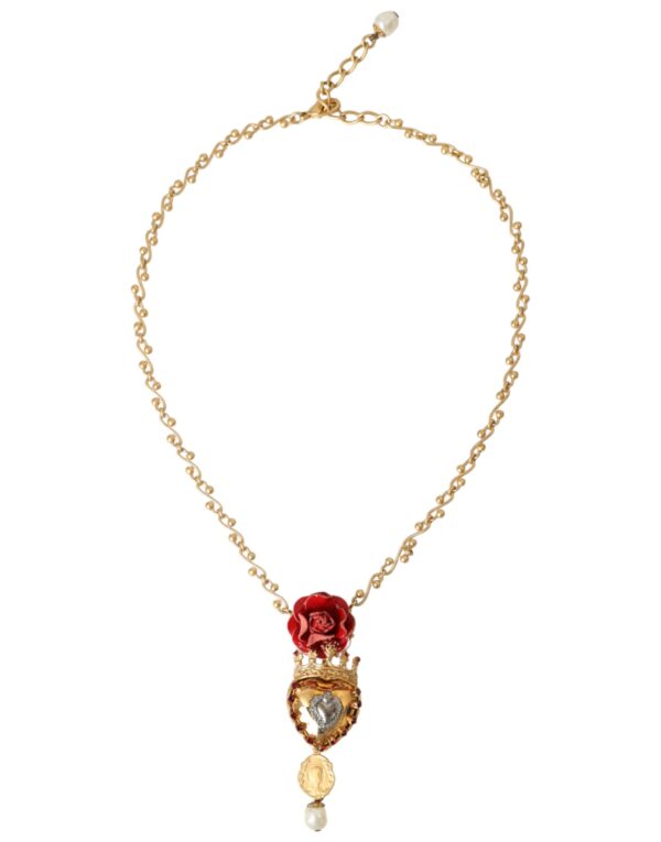 Dolce & Gabbana Gold BrassChain Sacred Heart Rose Crystal Charm Necklace – Image 2