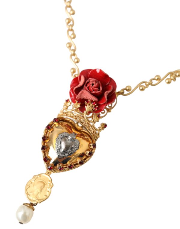 Dolce & Gabbana Gold BrassChain Sacred Heart Rose Crystal Charm Necklace – Image 3