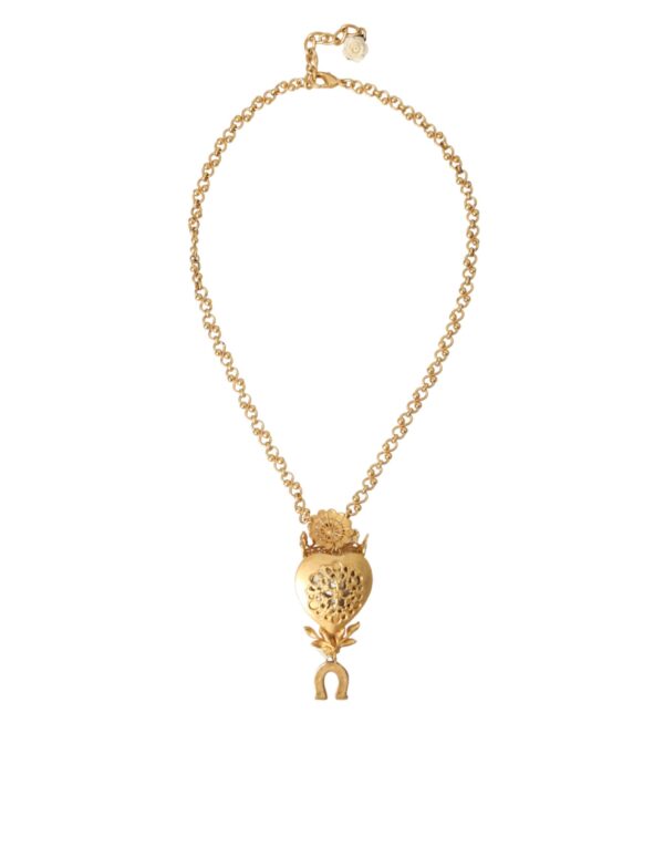 Dolce & Gabbana Gold Brass Chain Sacred Heart Crystal Charm Necklace – Image 5