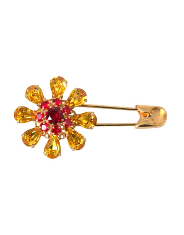 Dolce & Gabbana Gold Brass Floral Crystal Jewelry Brooch Pin – Image 2