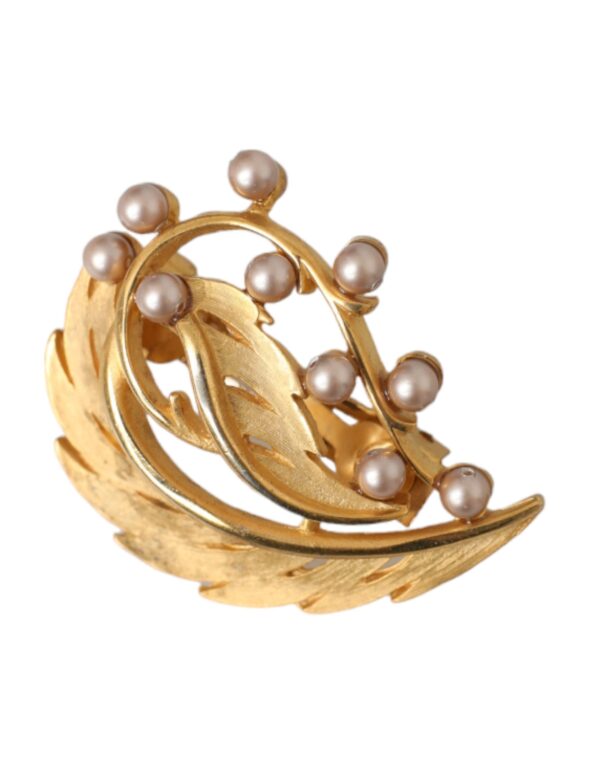 Dolce & Gabbana Gold Brass Leaf Embellished Jewelry Brooch Hair Pin – Image 2