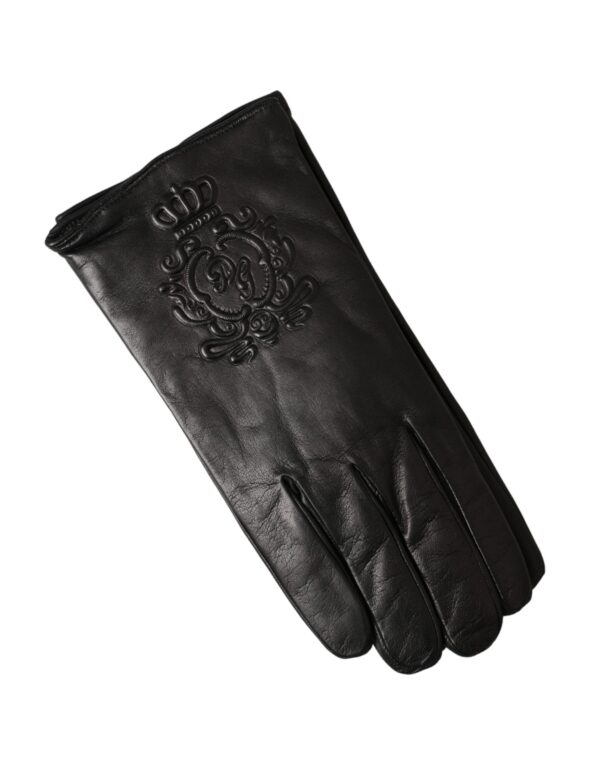 Dolce & Gabbana Black Leather Embossed Logo Short Hands Gloves – Image 2