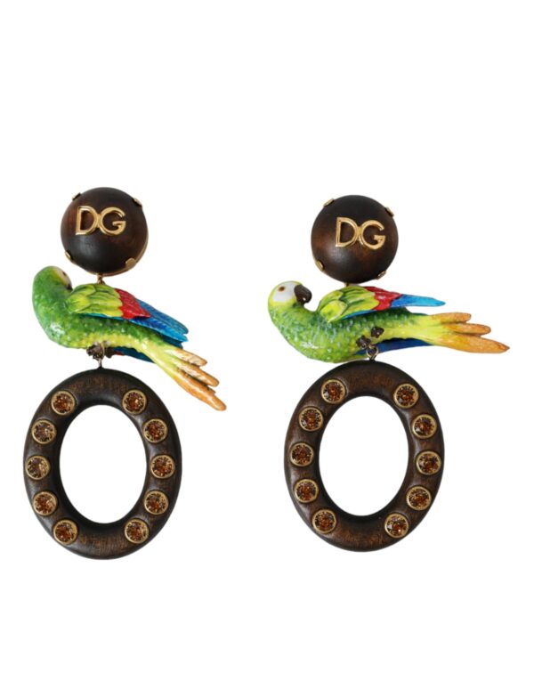 Dolce & Gabbana Multicolor Parrot Wood Brass Crystal Embellished Earrings – Image 2