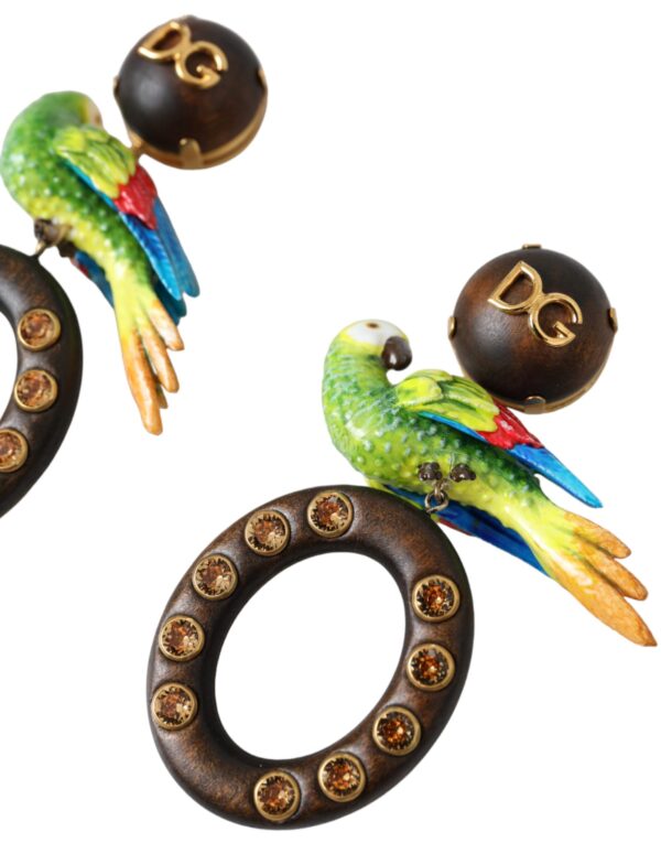 Dolce & Gabbana Multicolor Parrot Wood Brass Crystal Embellished Earrings – Image 3