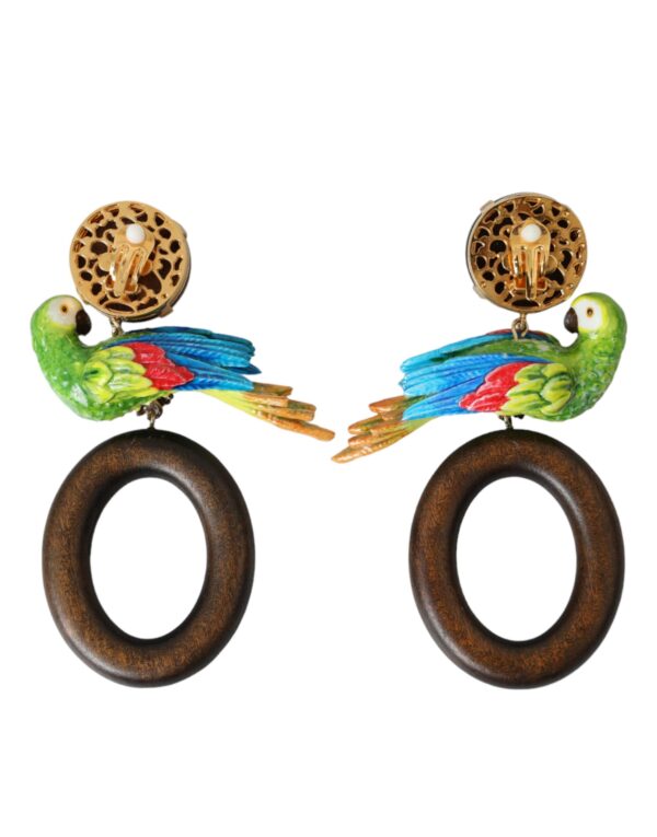 Dolce & Gabbana Multicolor Parrot Wood Brass Crystal Embellished Earrings – Image 4