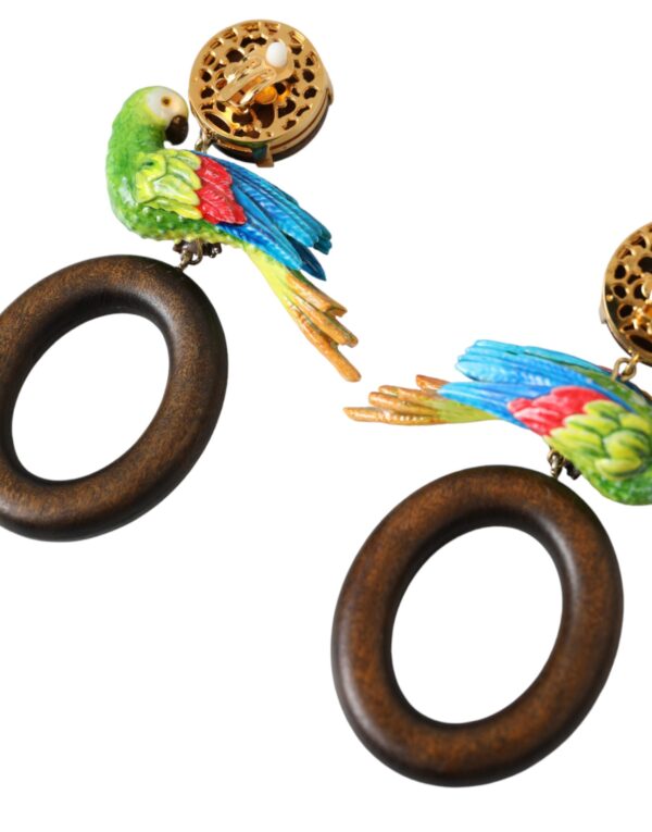 Dolce & Gabbana Multicolor Parrot Wood Brass Crystal Embellished Earrings – Image 5