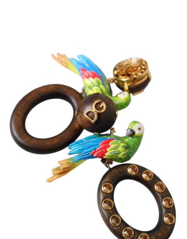 Dolce & Gabbana Multicolor Parrot Wood Brass Crystal Embellished Earrings – Image 6