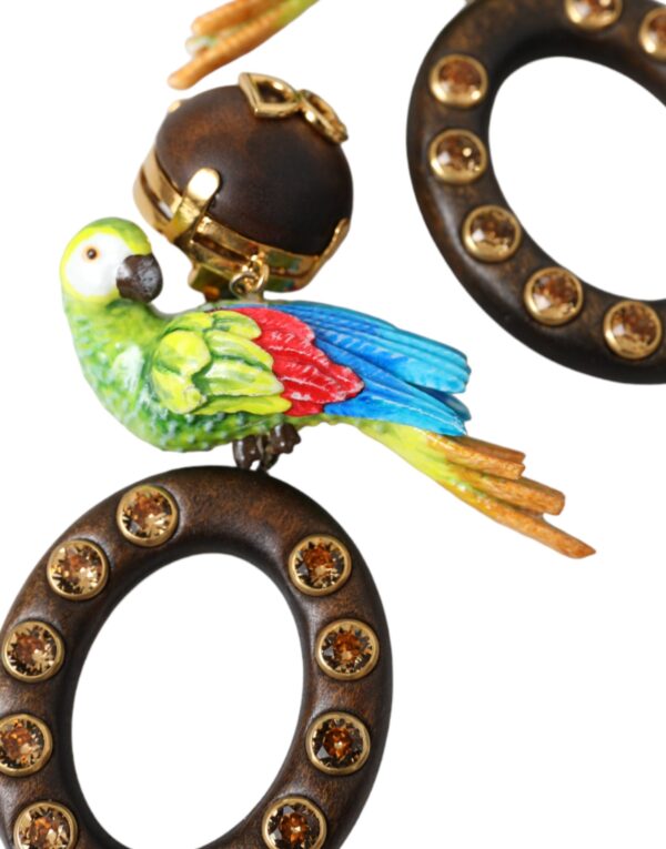 Dolce & Gabbana Multicolor Parrot Wood Brass Crystal Embellished Earrings – Image 7