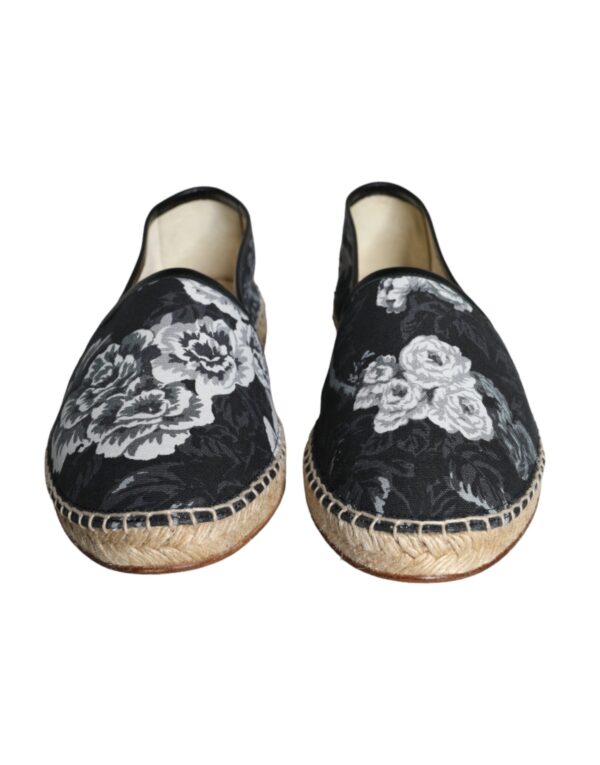 Dolce & Gabbana Black Floral Cotton Leather Espadrilles Shoes – Image 2