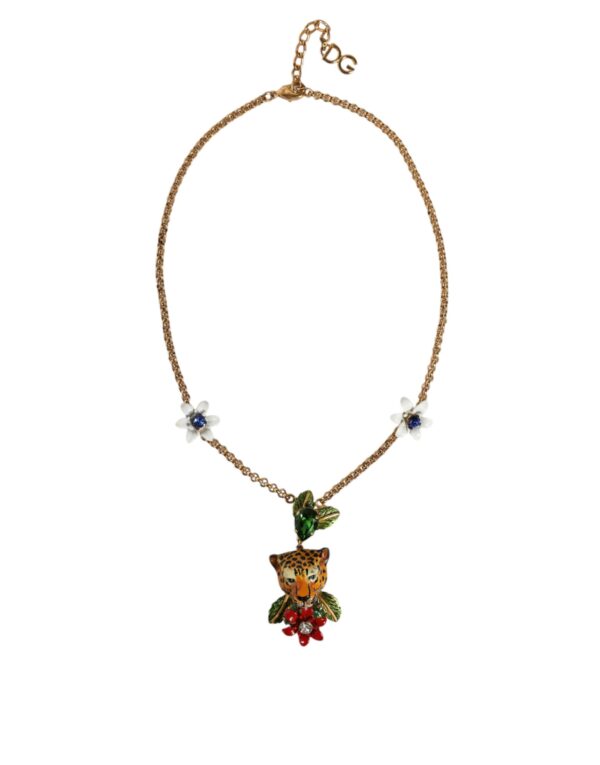 Dolce & Gabbana Gold Brass Leopard Flower Embellished Statement Necklace – Image 2