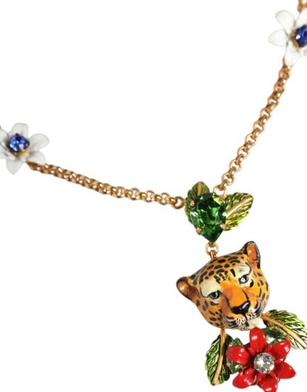 Dolce & Gabbana Gold Brass Leopard Flower Embellished Statement Necklace – Image 3