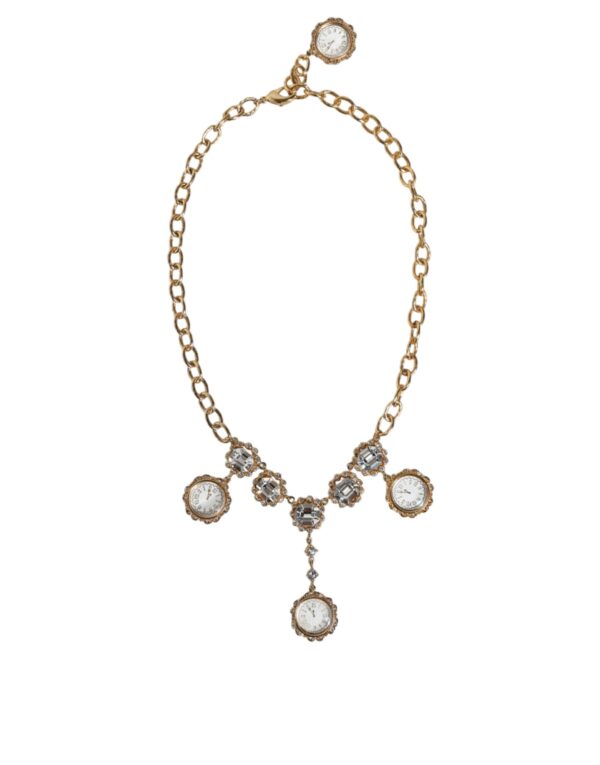 Dolce & Gabbana Gold Chain Brass Crystal Clock Statement Necklace – Image 2