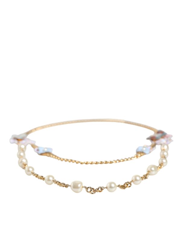 Dolce & Gabbana Gold Chain Brass Floral Layered Crystal Pearl Necklace – Image 4