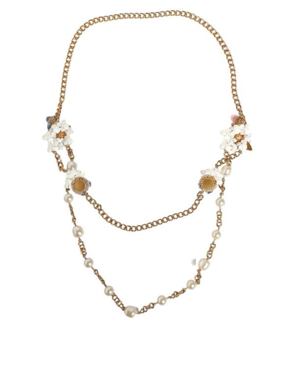 Dolce & Gabbana Gold Chain Brass Floral Layered Crystal Pearl Necklace – Image 5