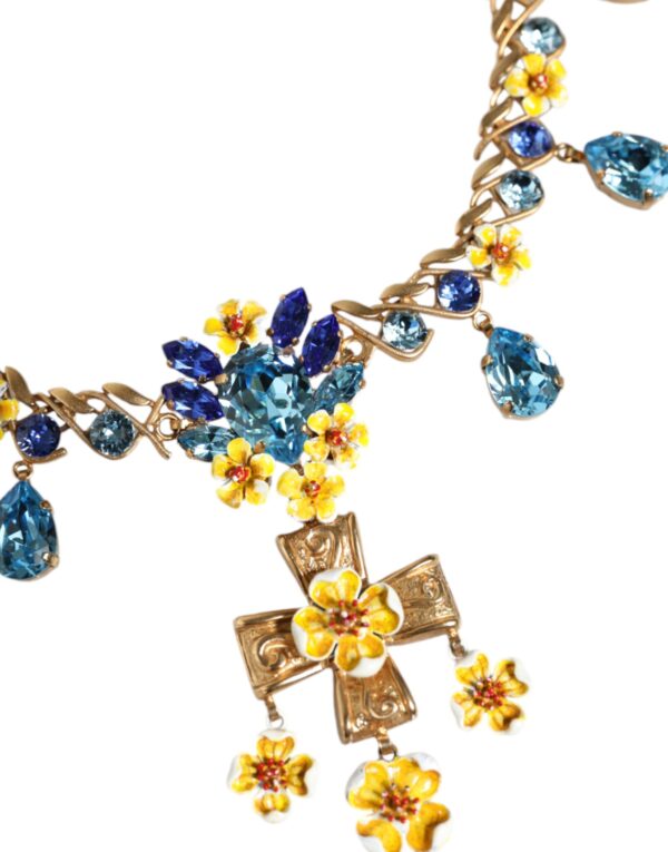 Dolce & Gabbana Gold Brass Chain Floral Crystal Cross Pendant Necklace – Image 3