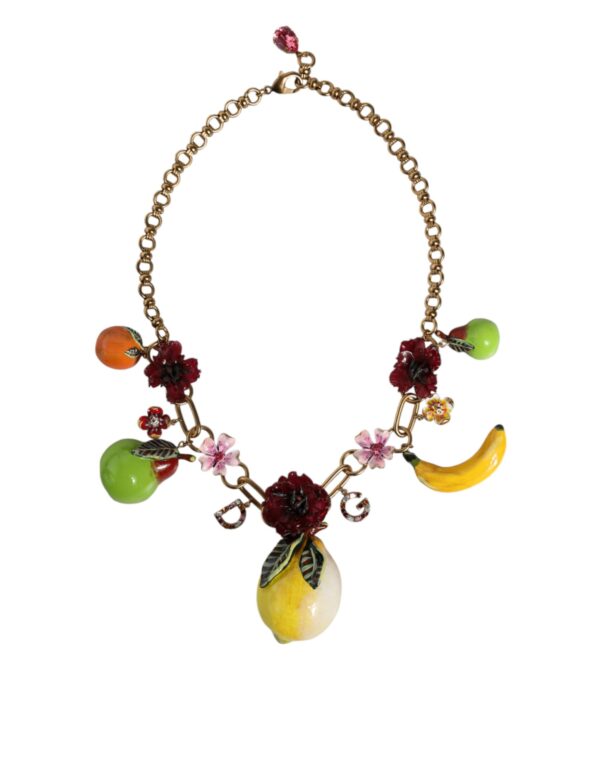 Dolce & Gabbana Gold Brass FRUIT Pendants Flowers Crystal Logo Necklace – Image 2