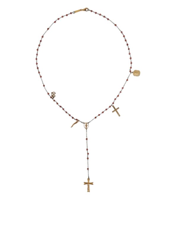 Dolce & Gabbana Gold Chain Brass Beaded Rosary Cross Pendant Necklace – Image 2