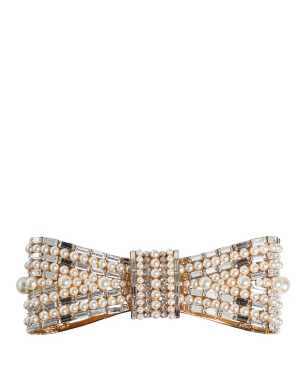 Dolce & Gabbana Gold Tone Brass Bow Crystal FauxPearl Embellished Brooch – Image 2