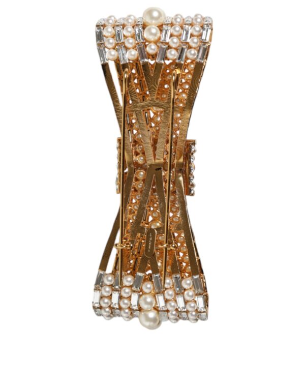 Dolce & Gabbana Gold Tone Brass Bow Crystal FauxPearl Embellished Brooch – Image 3