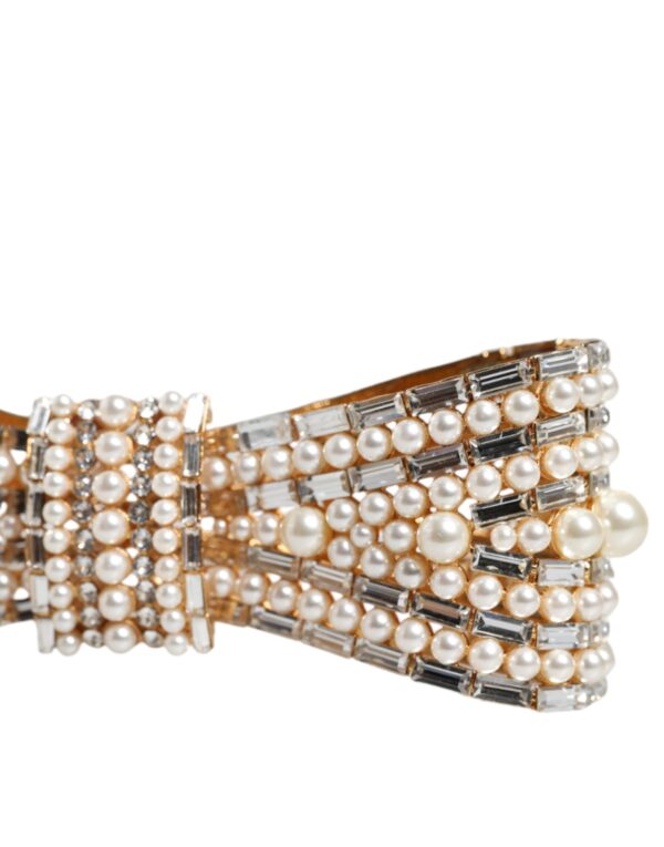 Dolce & Gabbana Gold Tone Brass Bow Crystal FauxPearl Embellished Brooch – Image 4