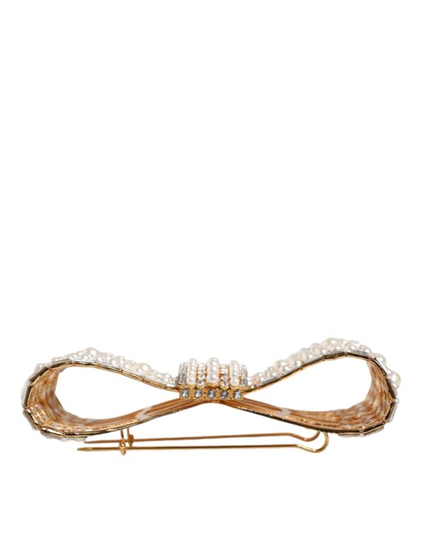 Dolce & Gabbana Gold Tone Brass Bow Crystal FauxPearl Embellished Brooch – Image 6