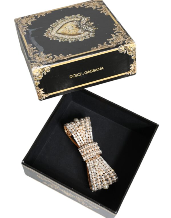 Dolce & Gabbana Gold Tone Brass Bow Crystal FauxPearl Embellished Brooch – Image 7