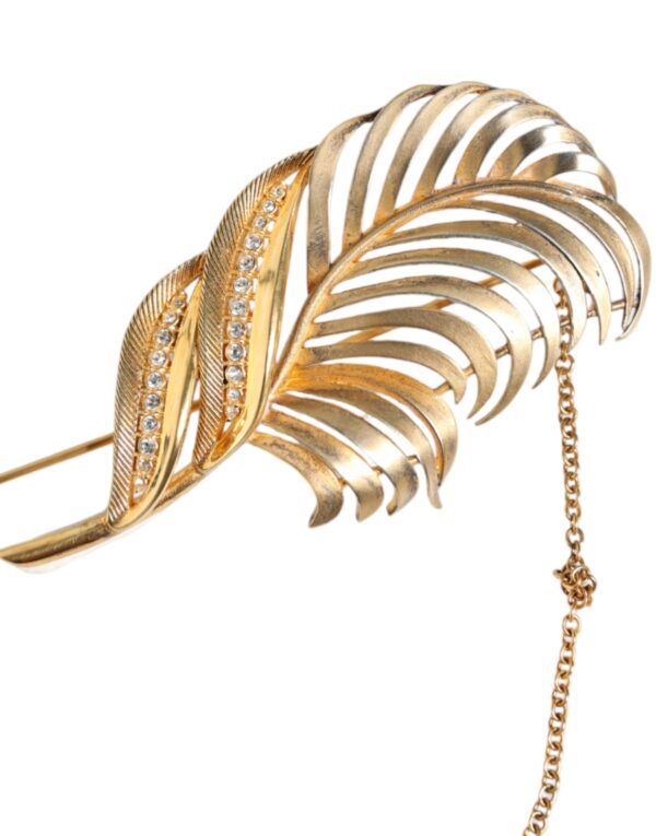 Dolce & Gabbana Gold Tone 925 Sterling Silver Leaf Crystal Chain Brooch – Image 2