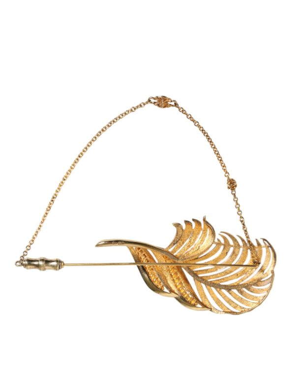 Dolce & Gabbana Gold Tone 925 Sterling Silver Leaf Crystal Chain Brooch – Image 4