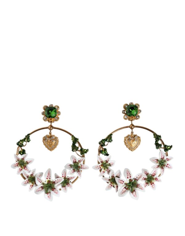 Dolce & Gabbana Gold Tone Brass Crystals Lily Resin Devotion Earrings – Image 2