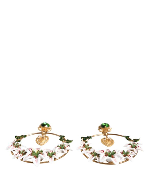 Dolce & Gabbana Gold Tone Brass Crystals Lily Resin Devotion Earrings – Image 5