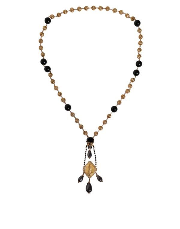 Dolce & Gabbana Gold Chain Brass Black Beaded Rosary Style Necklace – Image 2