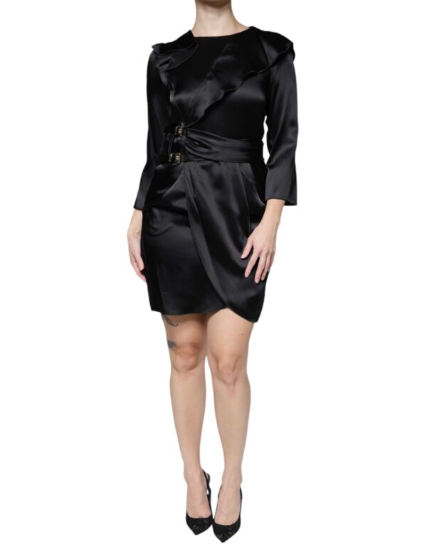 Emporio Armani Black Satin Long Sleeves Wrap Sheath Mini Dress – Image 2