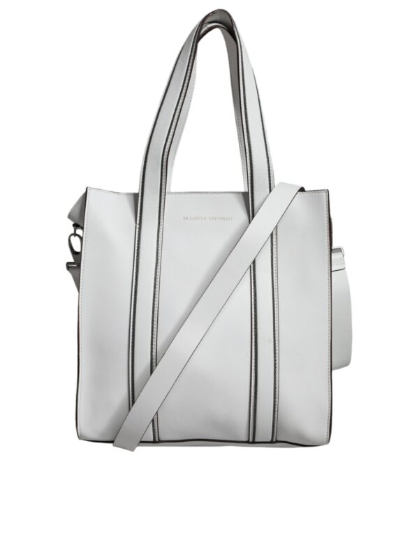 Brunello Cucinelli White Leather Logo Shoulder Strap Shopping Tote Bag – Image 3