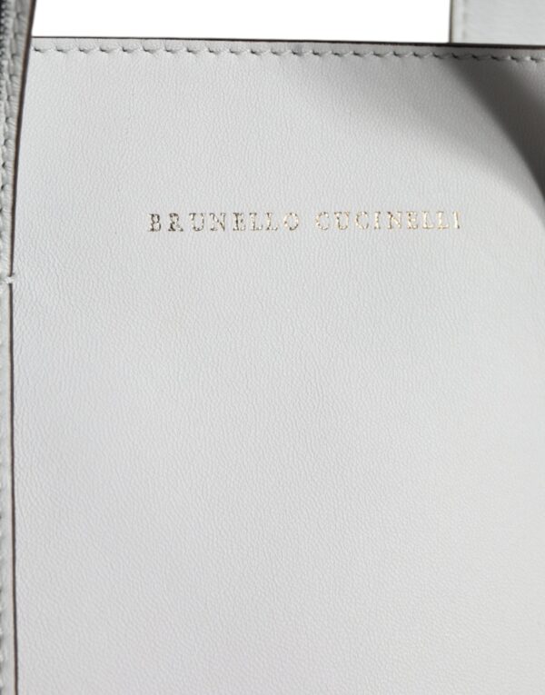 Brunello Cucinelli White Leather Logo Shoulder Strap Shopping Tote Bag – Image 8