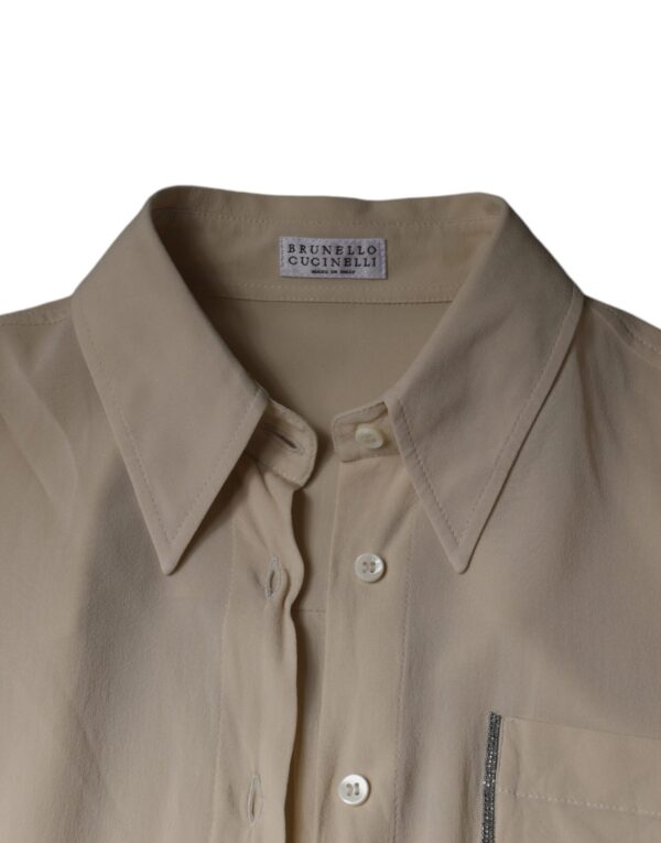 Brunello Cucinelli Beige Silk Blend Collared Button Down Top – Image 7